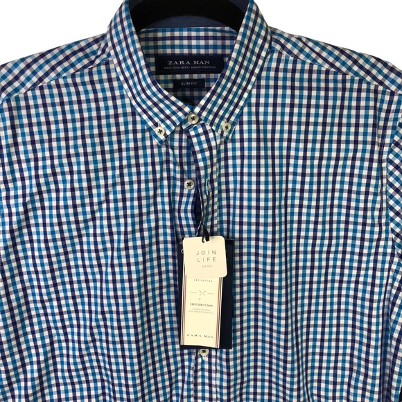 ZARA Men's Plaid Slim Fit Shirt Turquoise Blue - Picture 7 of 11